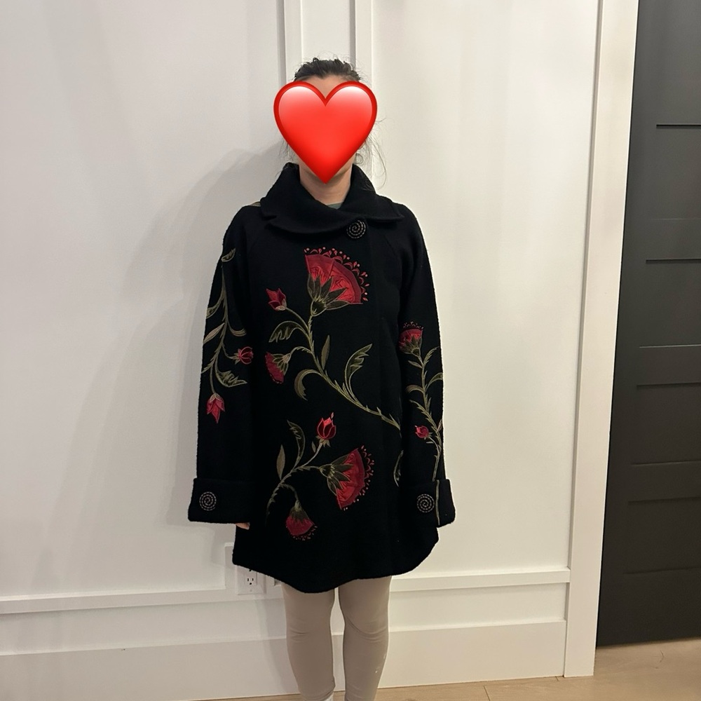Covelo Wool Coat Womens Brown Floral Embroidered Silk Flowers Sz XL Art Wear